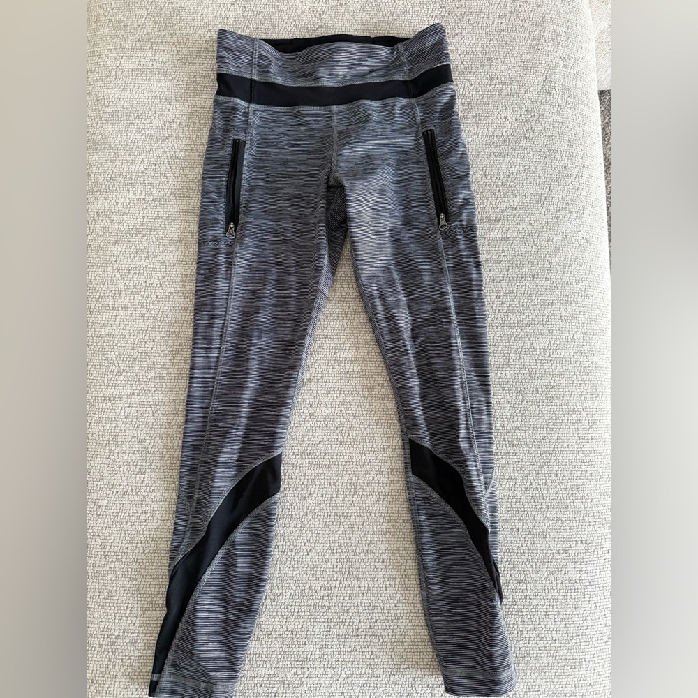 LuluLemon Black and Gray Striped  Mid-calf Capri Leggings with Black Details